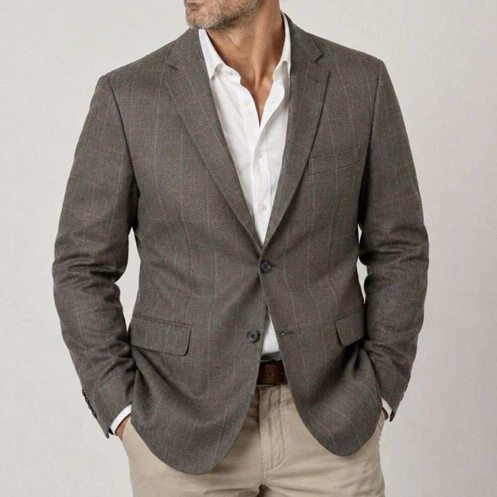 Jos A Bank 44R Sport Coat Blazer Taupe Gray Silk Camel Hair Windowpane
